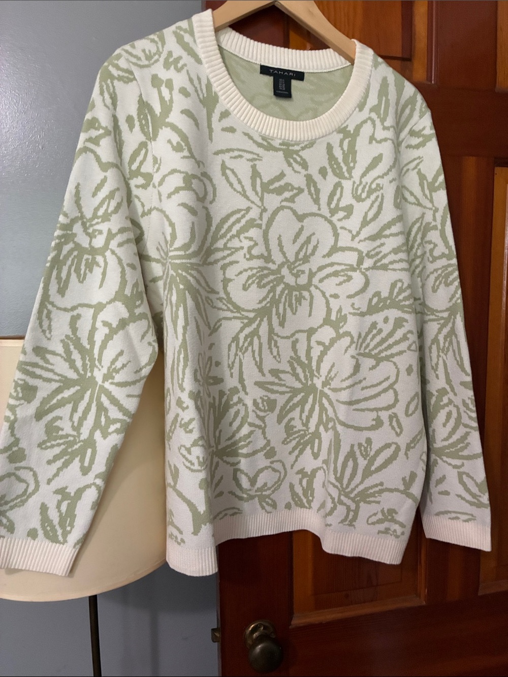 Tahari Cream & Sage Floral Crewneck Sweater